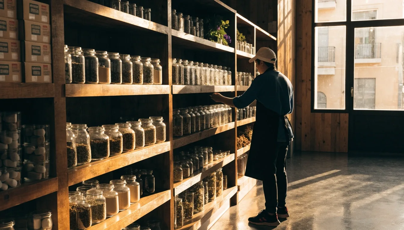Interior de una tienda de nutrición con estantes de productos ordenados por categoría al atardecer