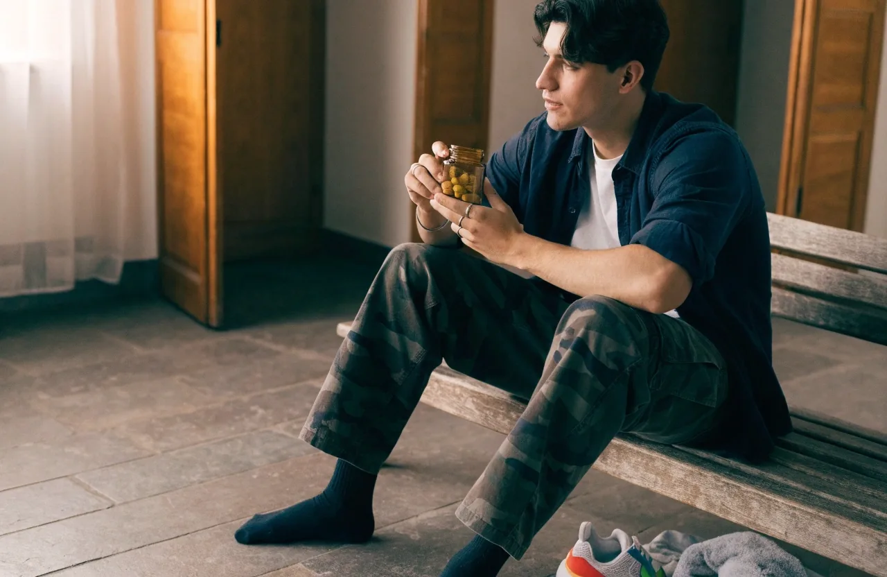 Vaso de agua, cápsula y zapatos de entrenamiento sobre un banco de madera en la entrada de casa