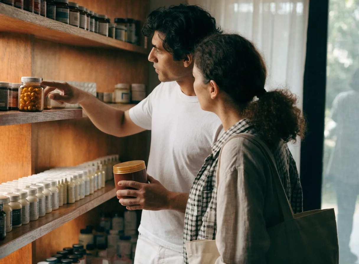 Dos personas revisando frascos de vitaminas y cápsulas naturales en un estante de tienda de bienestar