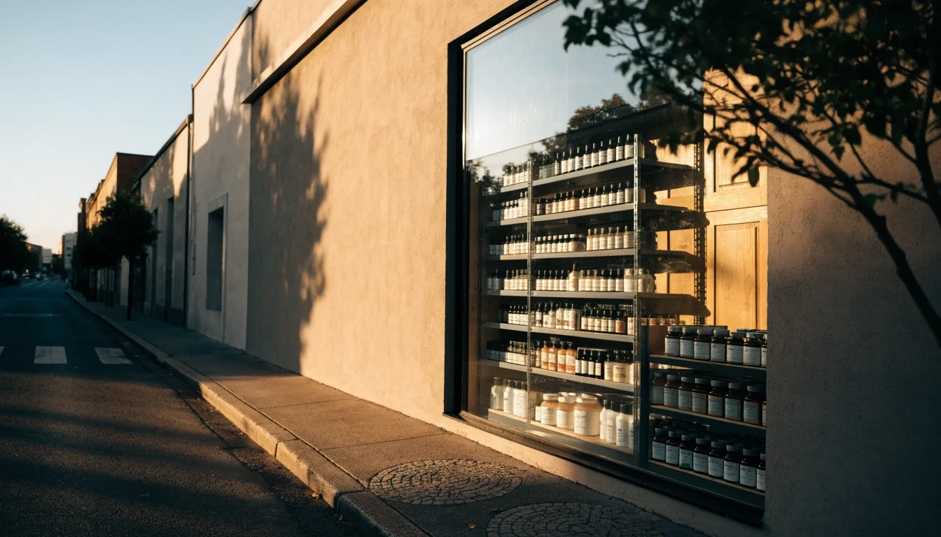 Fachada de la tienda de productos de bienestar natural con luz de tarde en Santiago de Querétaro