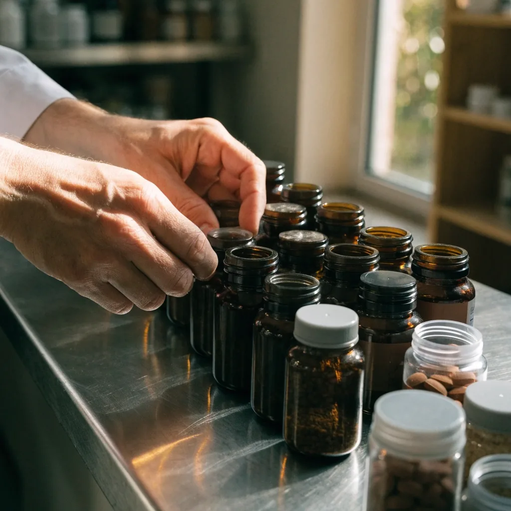 Frascos de suplementos naturales y vitaminas ordenados en el mostrador de una tienda de productos de bienestar en Querétaro