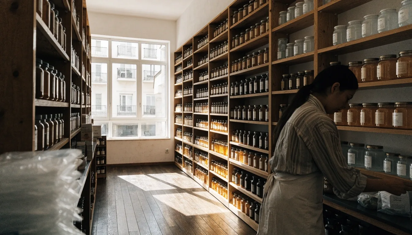 Interior de una tienda de suplementos naturales y vitaminas con estantes de productos y personal acomodando mercancía