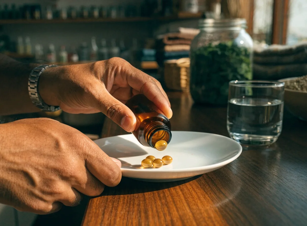 Manos escribiendo una nota junto a un vaso de agua y cápsulas de vitaminas en un mostrador de madera