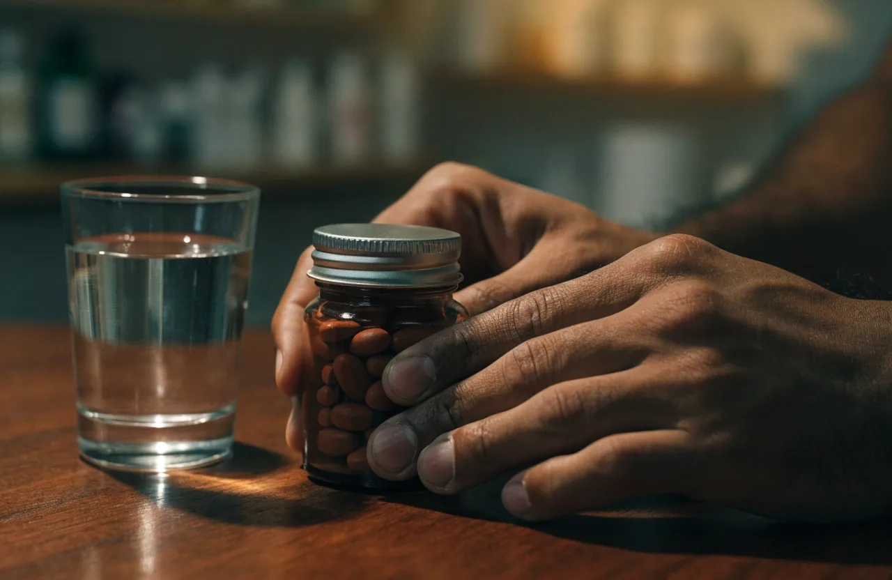 Frascos de suplementos sobre una mesa en un consultorio