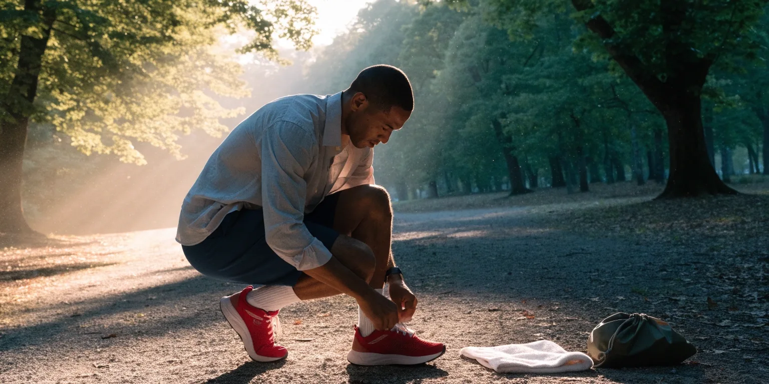 Hombre atándose las agujetas antes de correr en un parque por la mañana