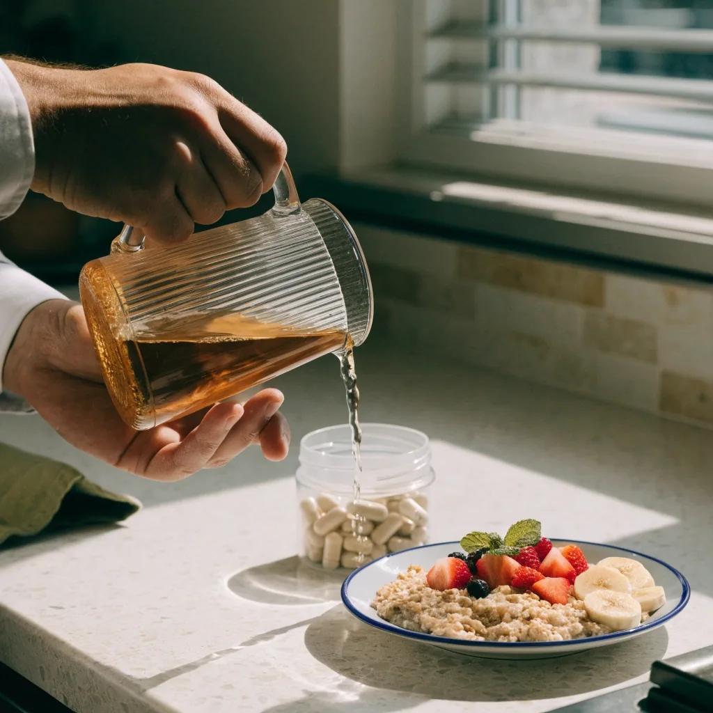 Vista superior de un vaso de agua, avena con fruta y cápsulas sin marca sobre una mesa de cocina