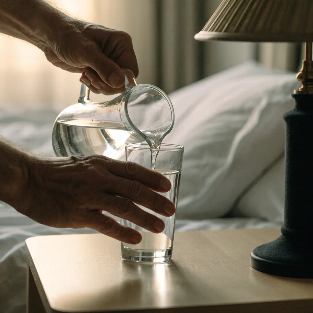 Hombre sentado al borde de la cama bebiendo agua de un vaso en el buró, con luz suave de la mañana