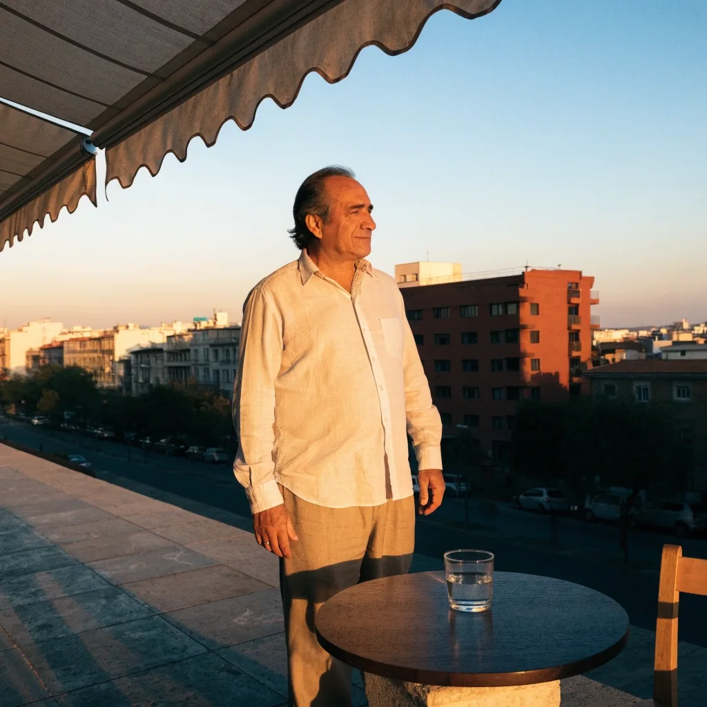 Hombre en una terraza urbana al atardecer, relajado, con un vaso de agua sobre una mesa baja