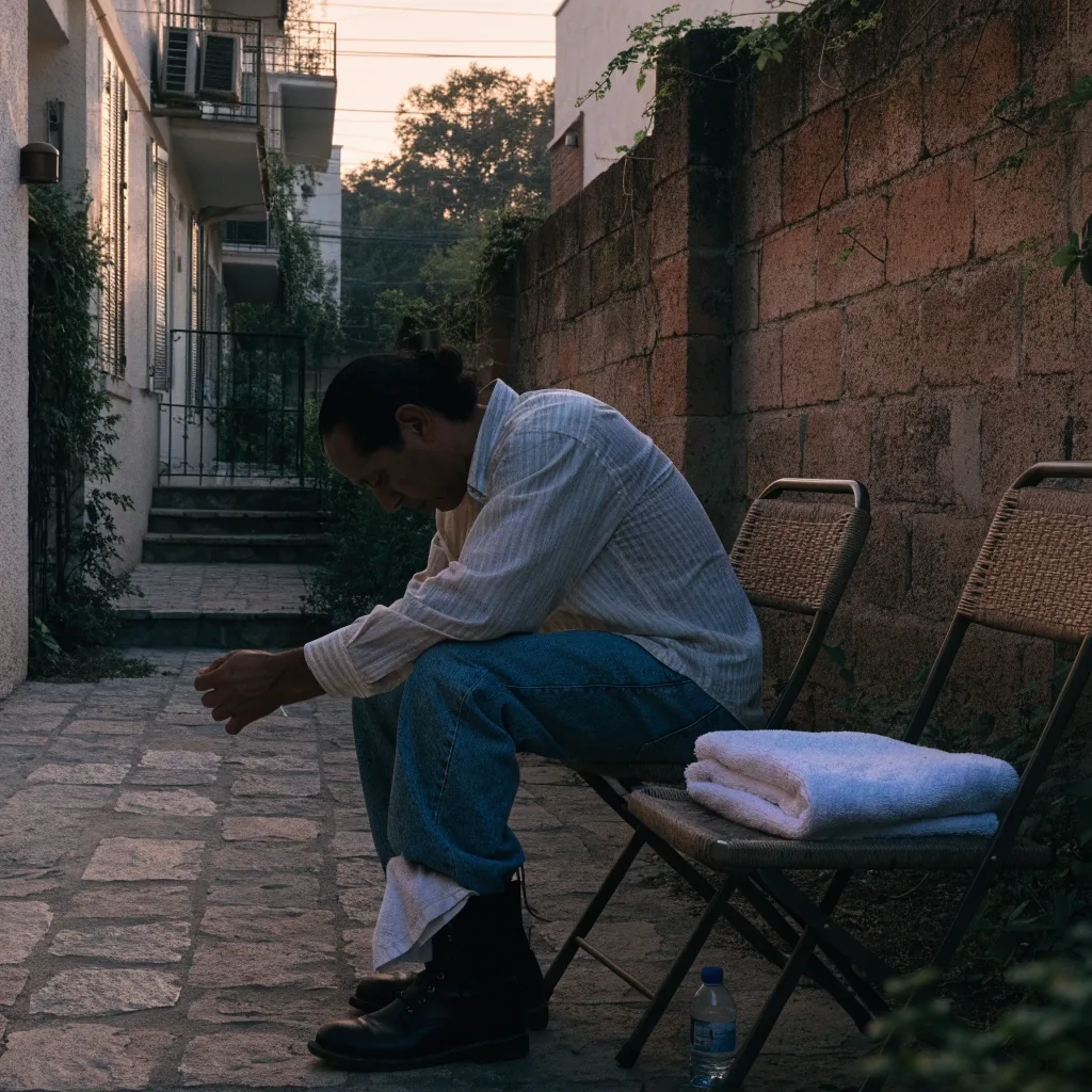 Hombre haciendo ejercicio con su propio peso en un patio de piedra al amanecer, con toalla y botella de agua