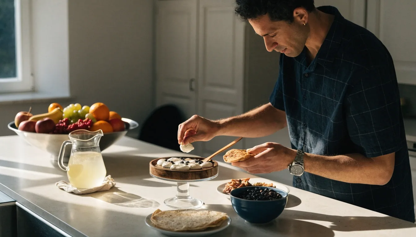 Manos cortando fruta en la cocina junto a huevos, pan integral y una jarra de agua con limón