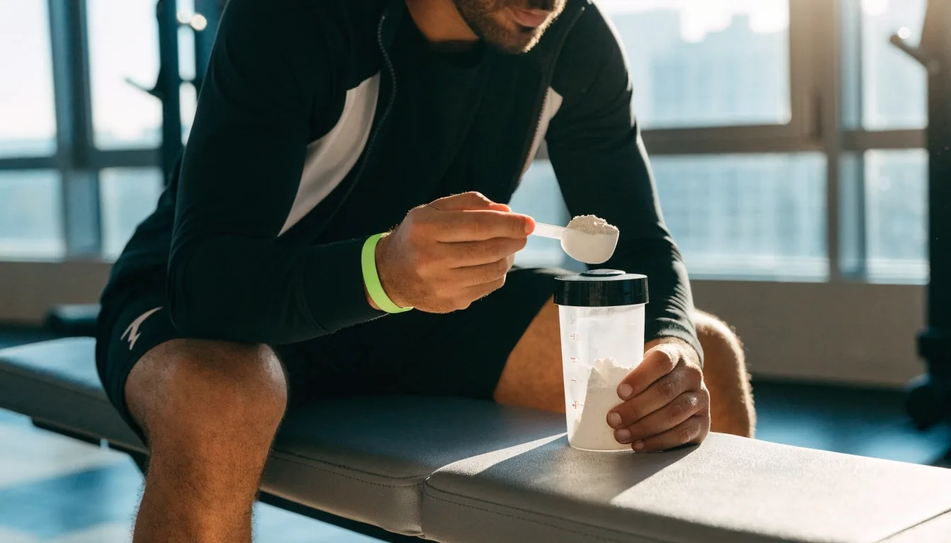 Hombre adulto preparando una bebida de entrenamiento en un gimnasio con luz de mañana