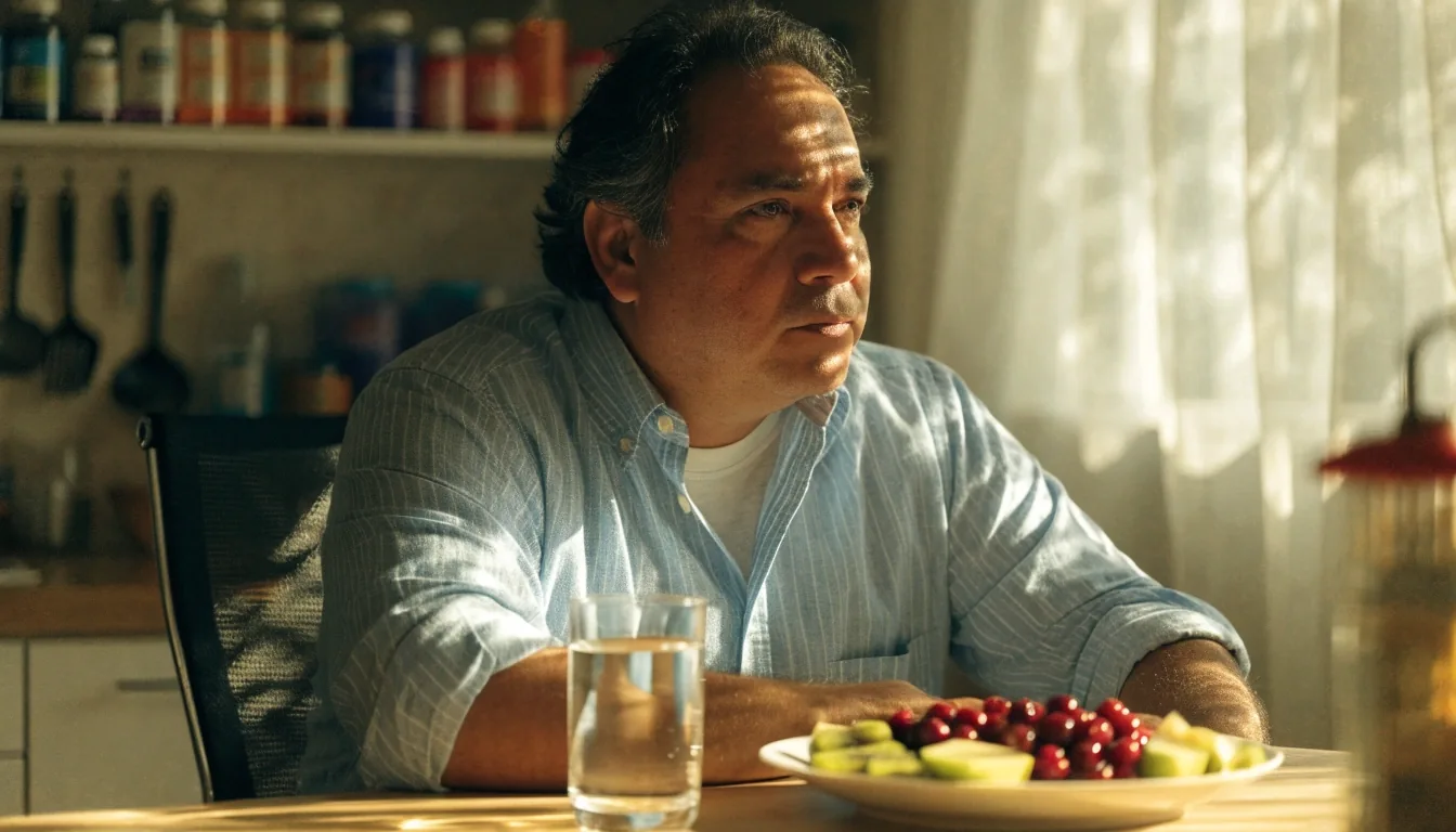Hombre adulto desayunando en una cocina luminosa con un vaso de agua y fruta
