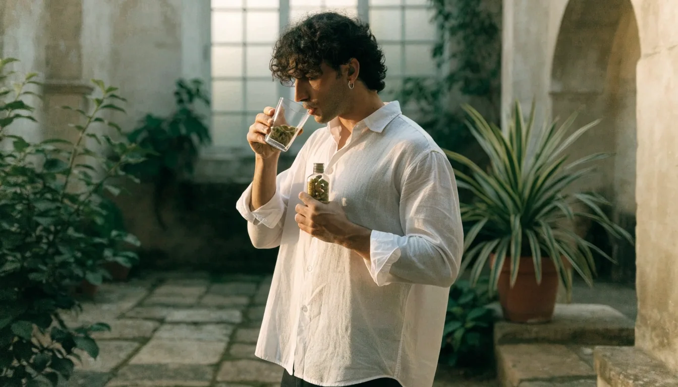Hombre adulto en un entorno doméstico tranquilo con un vaso de agua y un suplemento sin etiqueta legible