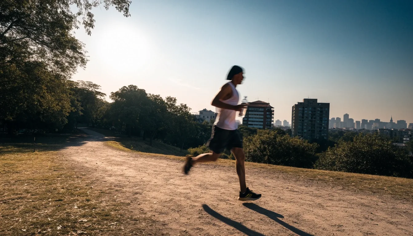 Hombre adulto corriendo al amanecer en un parque urbano con botella de agua