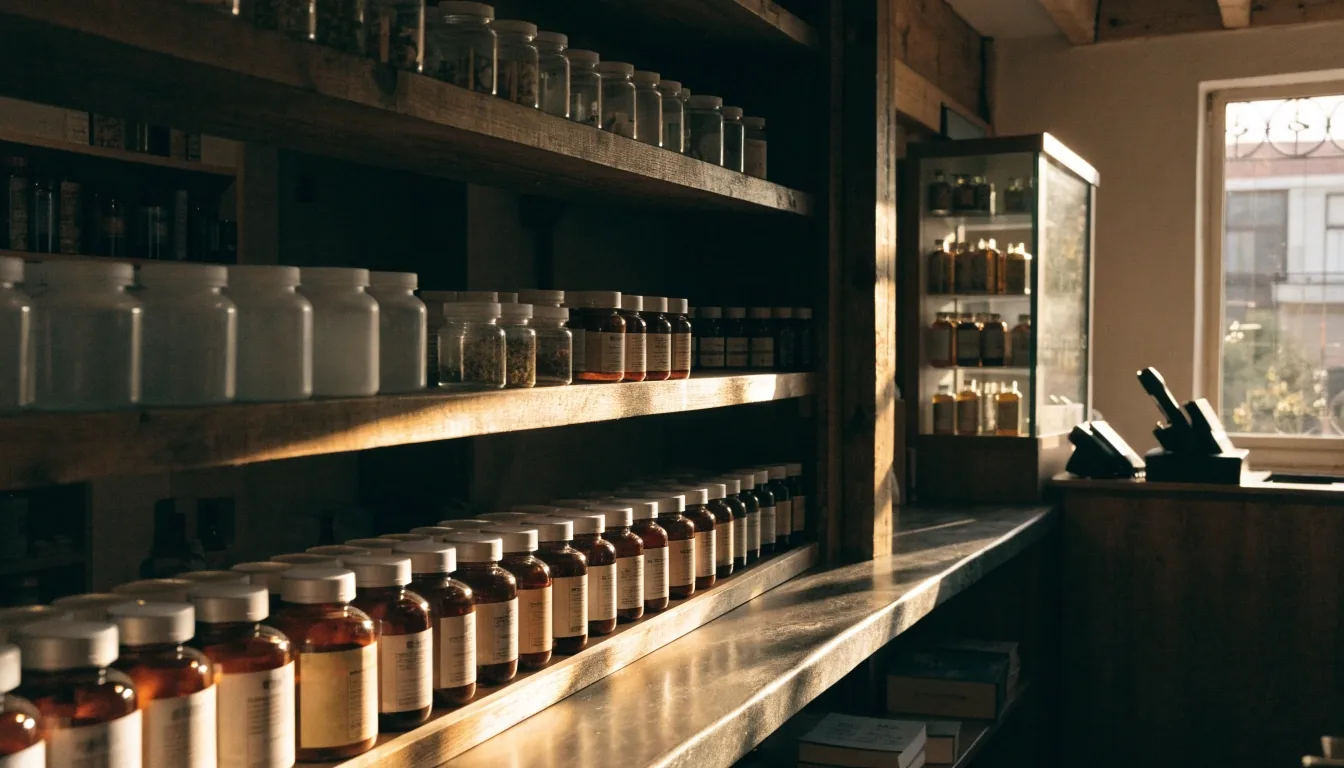 Interior de una farmacia naturista con estantes de madera y frascos de suplementos sin etiqueta legible