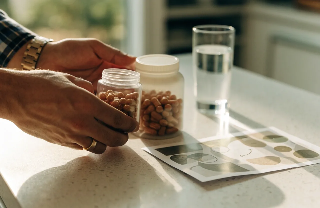 Persona revisando una lista impresa de ingredientes junto a dos frascos de suplementos sin marca y un vaso de agua bajo luz cálida