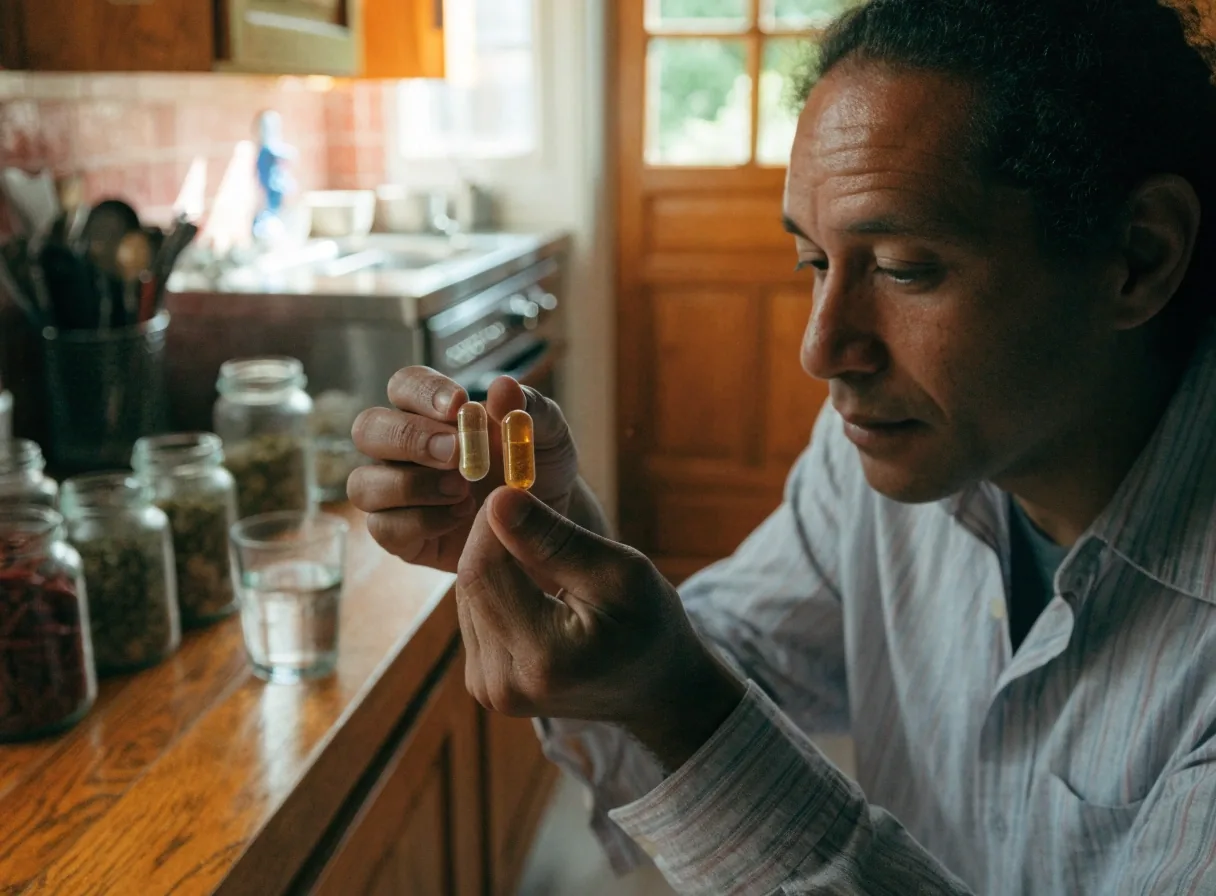 Hombre comparando cápsulas naturales antes de elegir un suplemento para hombres