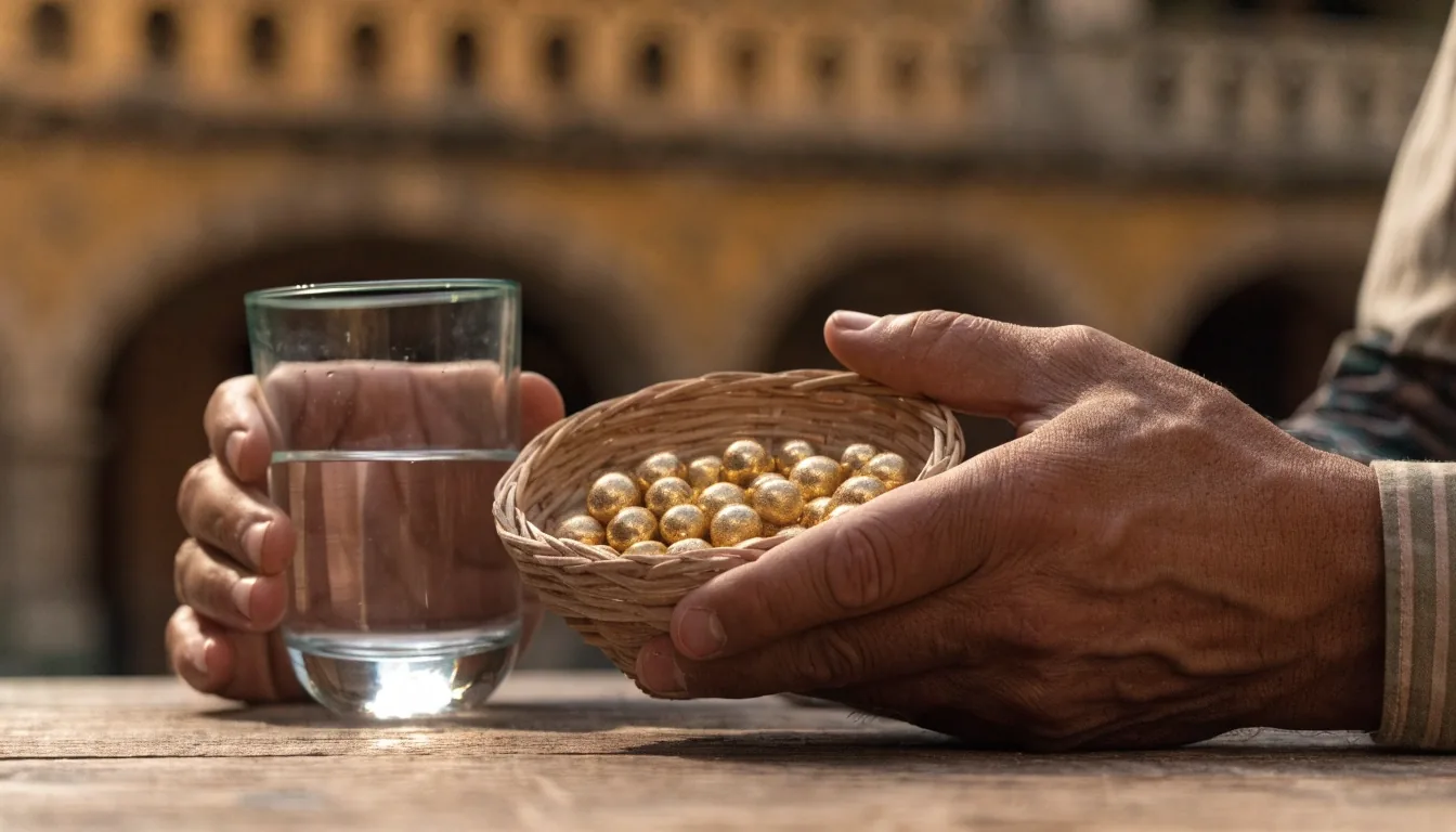 Hombre sosteniendo un vaso de agua junto a un frasco de suplemento en una terraza soleada de Querétaro