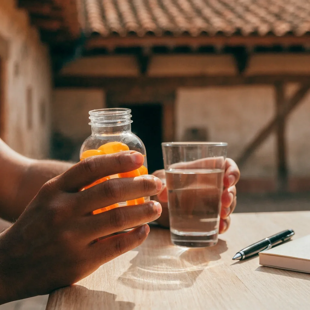 Hombre revisando la etiqueta de un frasco de suplemento a la luz de la ventana en su cocina