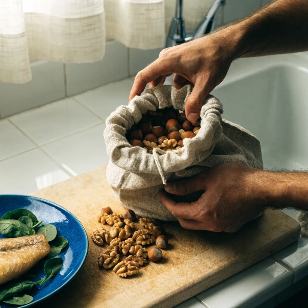 Mesa de cocina con nueces, verduras de hoja verde y agua mineral bajo luz de mañana
